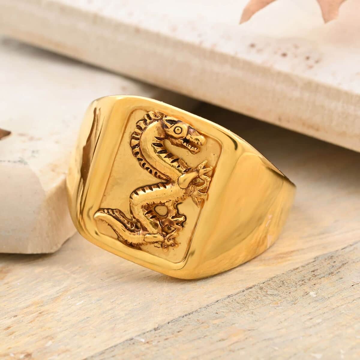 22K Yellow Gold Electroform Dragon Signet Men's Ring (Size 11.0) 5.10 Grams image number 1
