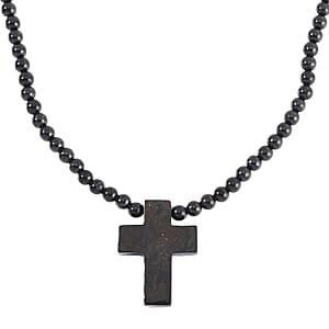 Shungite Cross Pendant with Beaded Necklace 20 Inches in Rhodium Over Sterling Silver 220.40 ctw