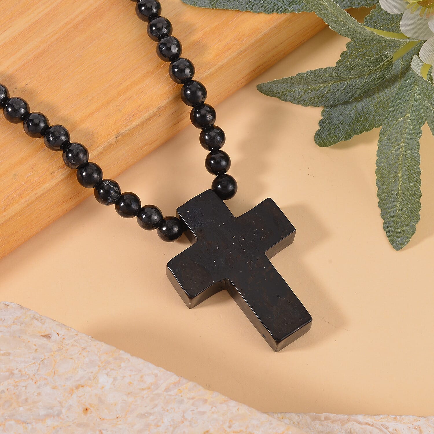 Shungite Cross Pendant with Beaded Necklace 20 Inches in Rhodium Over Sterling Silver 220.40 ctw