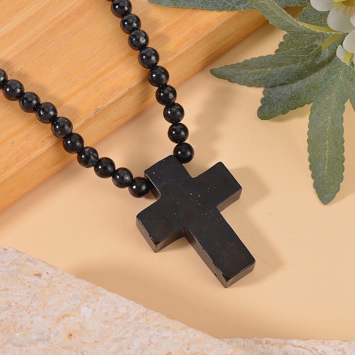 Shungite Cross Pendant with Beaded Necklace 20 Inches in Rhodium Over Sterling Silver 220.40 ctw image number 1