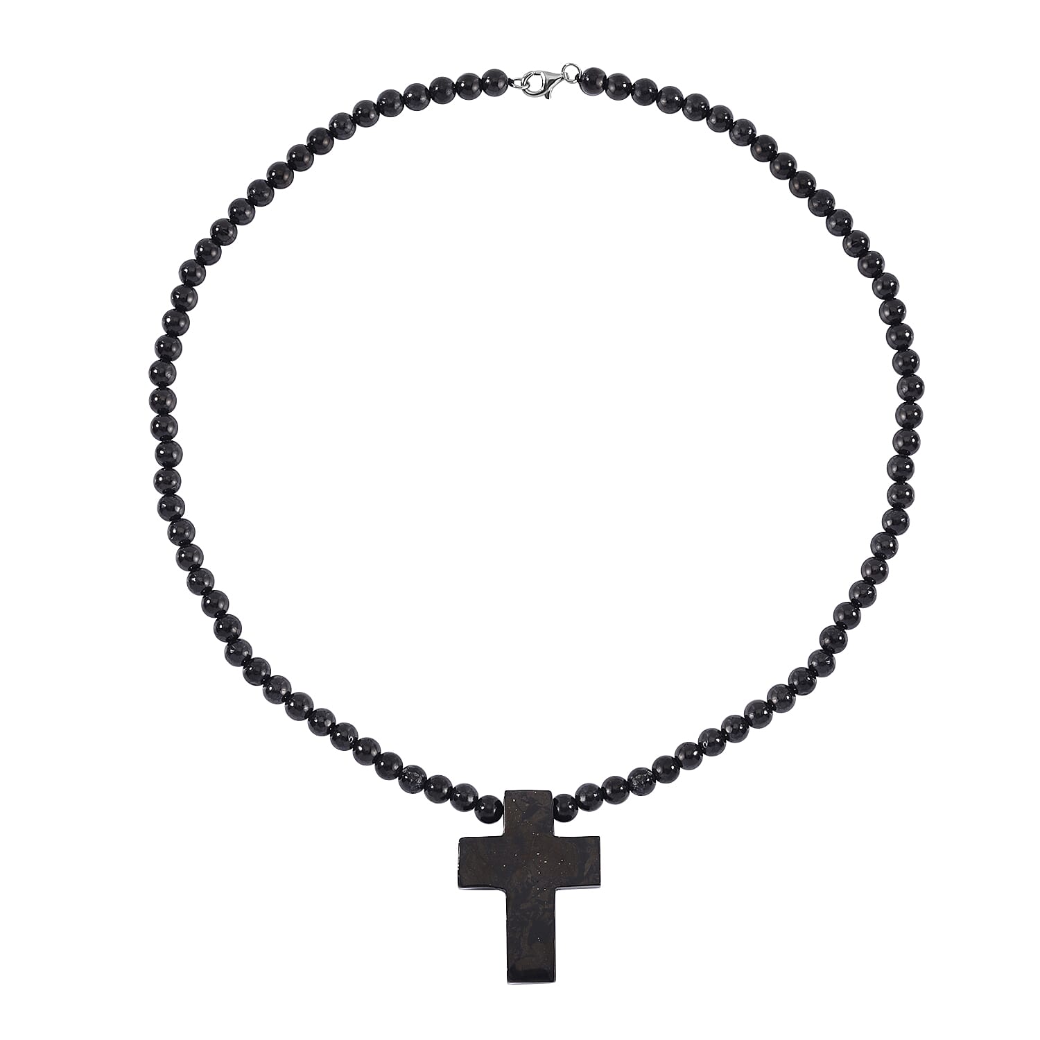 Shungite Cross Pendant with Beaded Necklace 20 Inches in Rhodium Over Sterling Silver 220.40 ctw