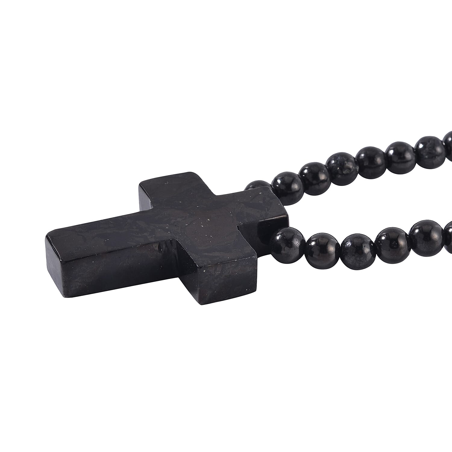 Shungite Cross Pendant with Beaded Necklace 20 Inches in Rhodium Over Sterling Silver 220.40 ctw