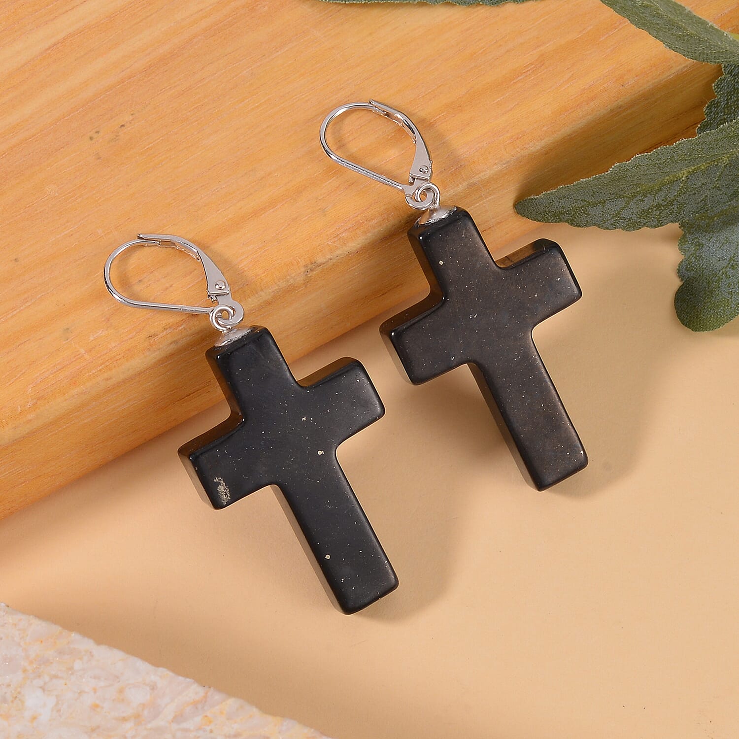 Shungite Cross Earrings in Rhodium Over Sterling Silver 39.00 ctw