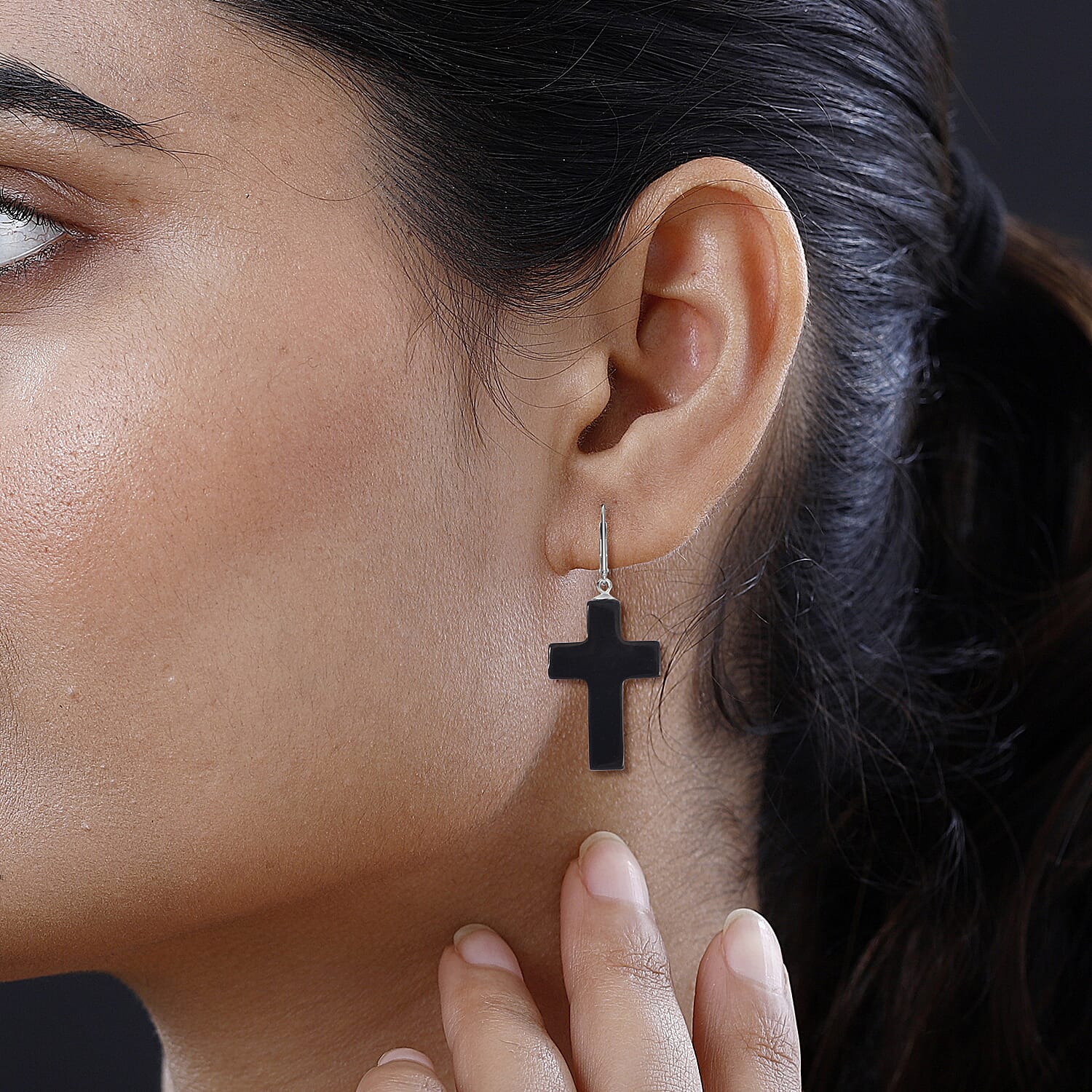 Shungite Cross Earrings in Rhodium Over Sterling Silver 39.00 ctw