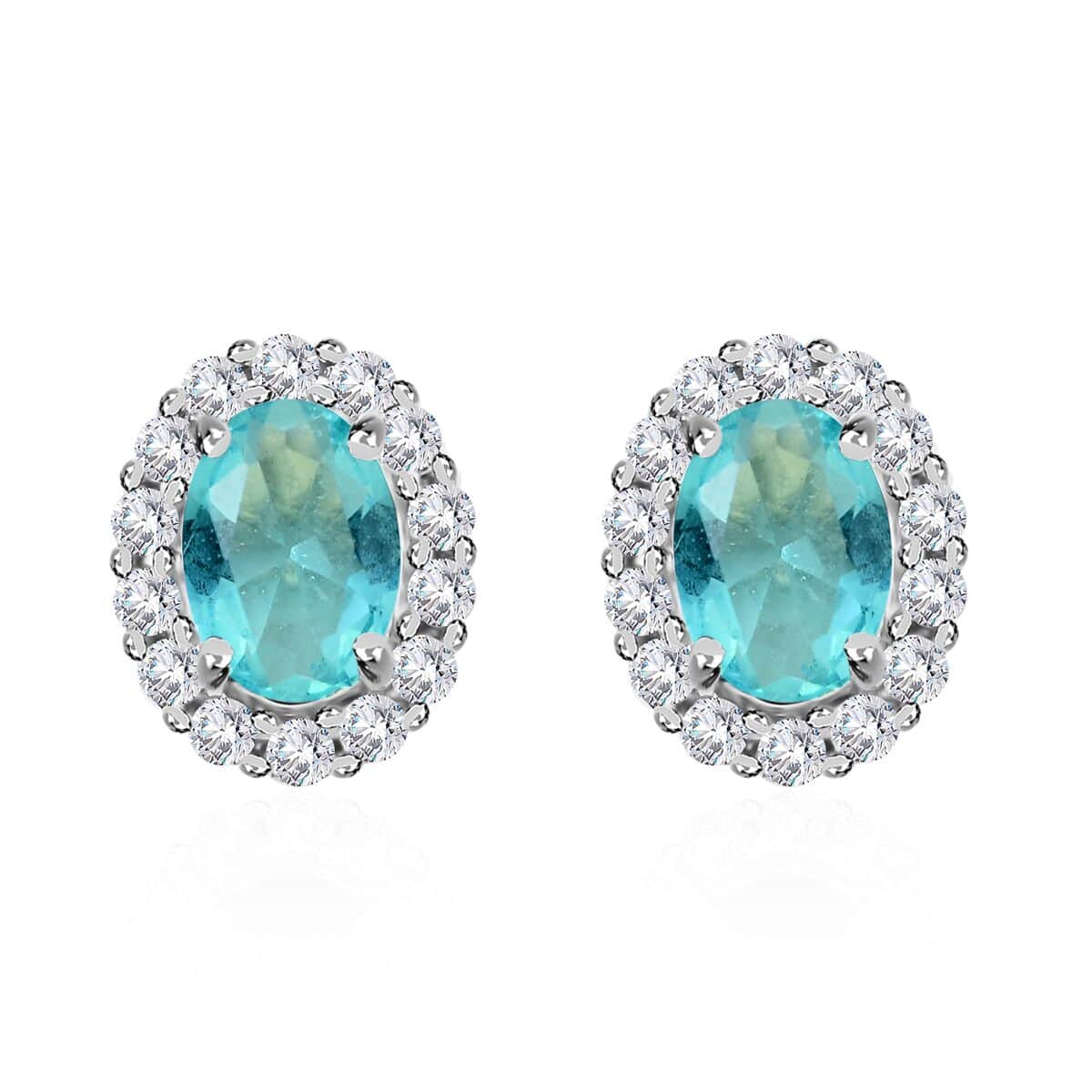 Simulated Sky Blue and White Diamond Earrings in Silvertone 3.25 ctw image number 0