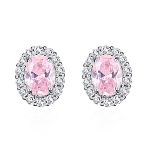Simulated Pink and White Diamond Earrings in Silvertone 3.25 ctw