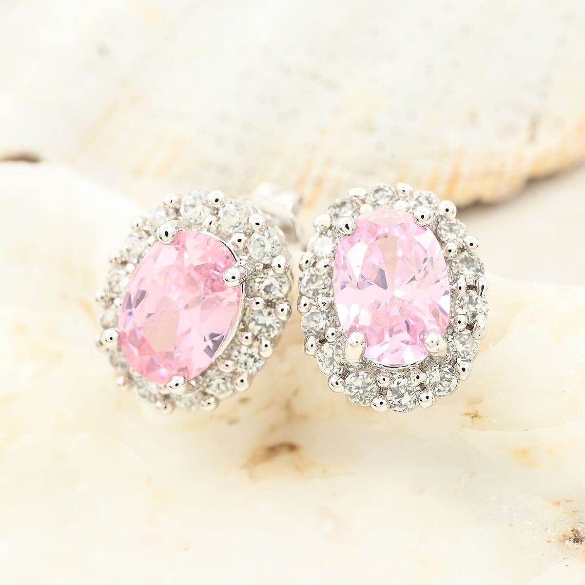 Simulated Pink and White Diamond Earrings in Silvertone 3.25 ctw image number 1