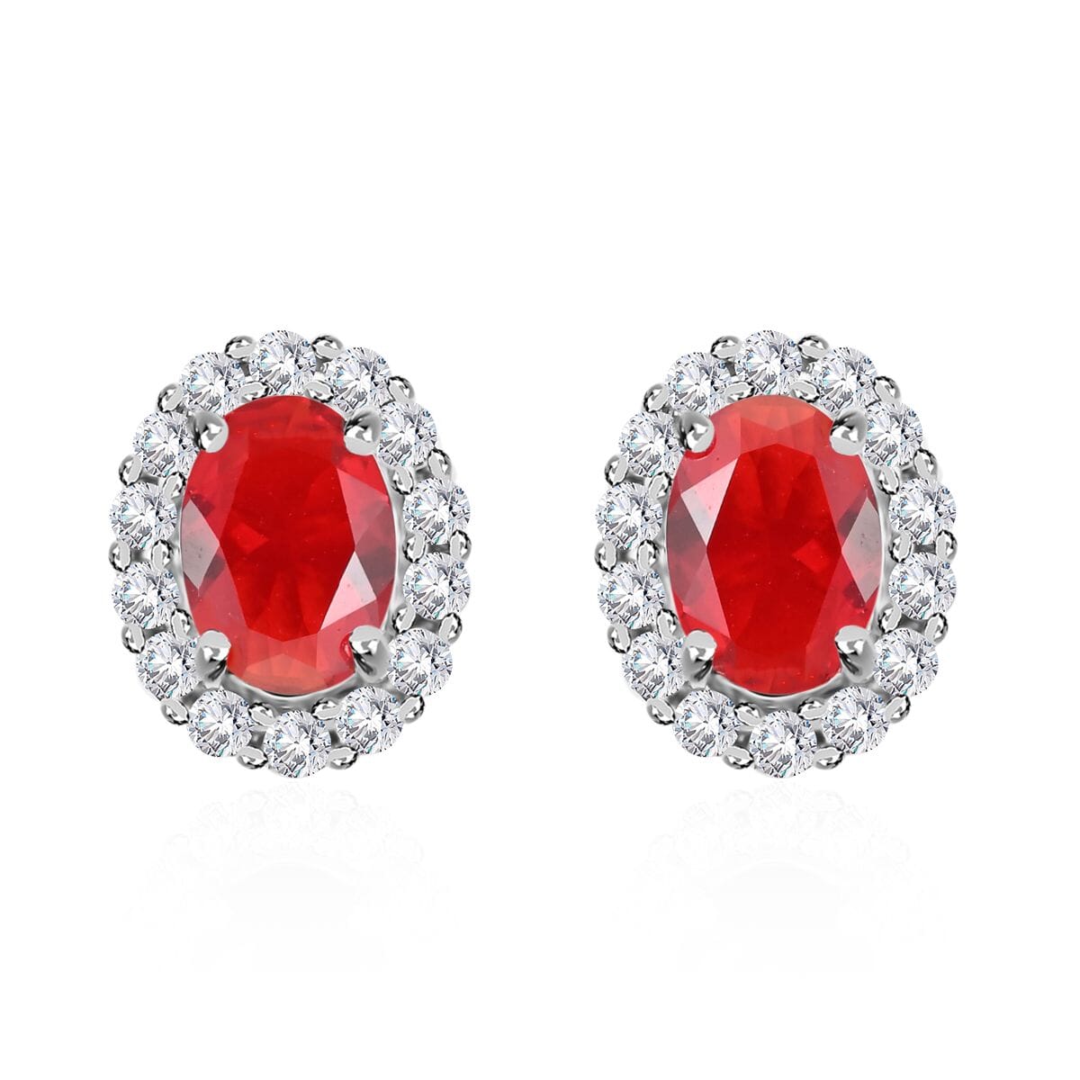 Simulated Red and White Diamond Earrings in Silvertone 3.25 ctw image number 0