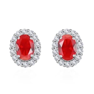 Simulated Red and White Diamond Earrings in Silvertone 3.25 ctw