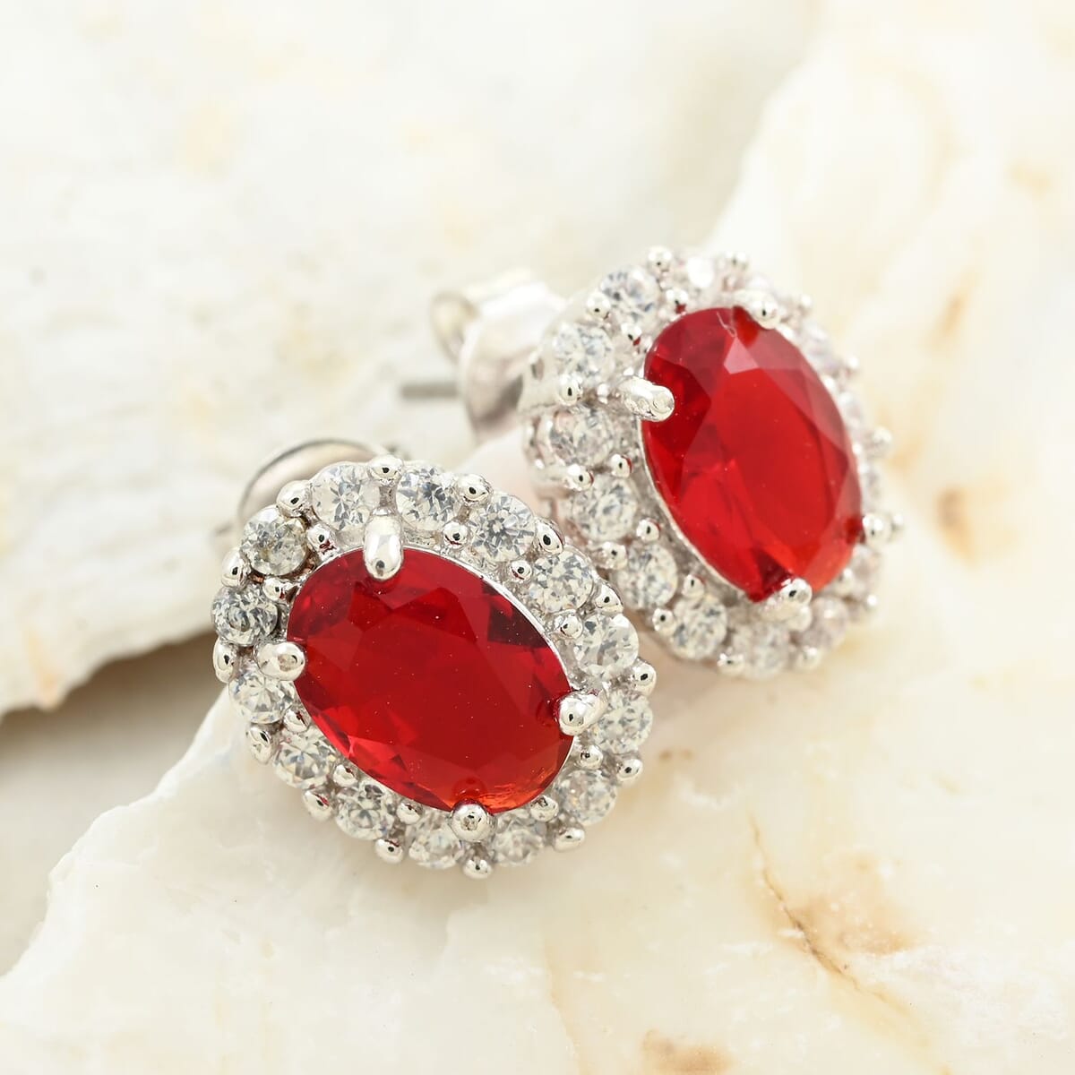 Simulated Red and White Diamond Earrings in Silvertone 3.25 ctw image number 1