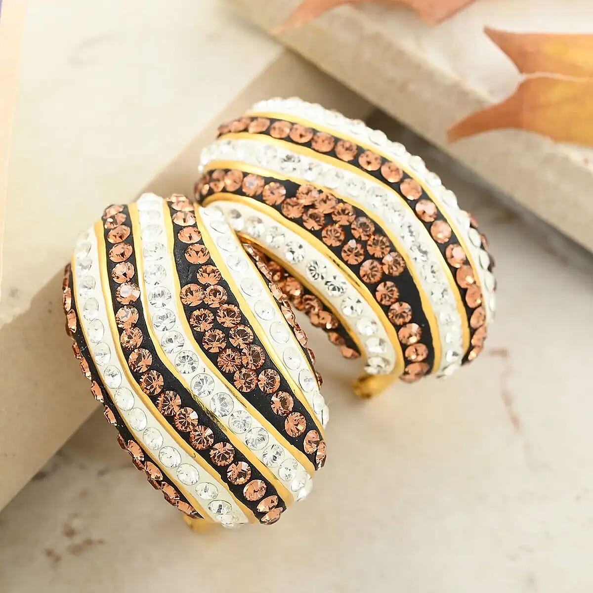 Champagne and White Austrian Crystal Earrings in Goldtone image number 1