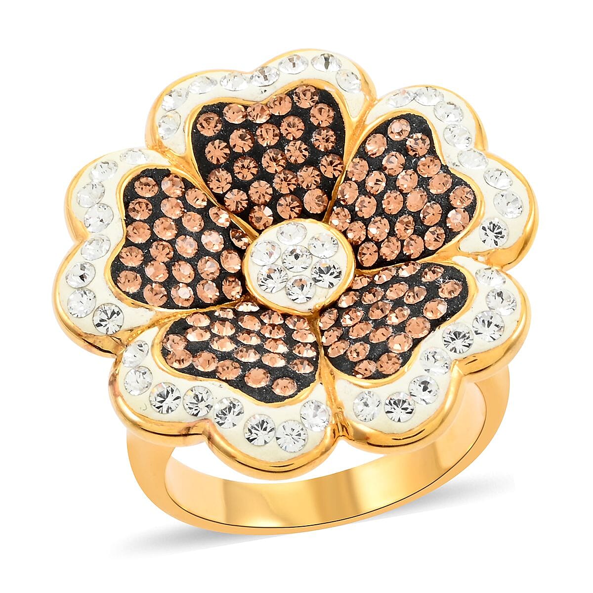White and Champagne Color Austrian Crystal Floral Ring in Goldtone (Size 7.0)