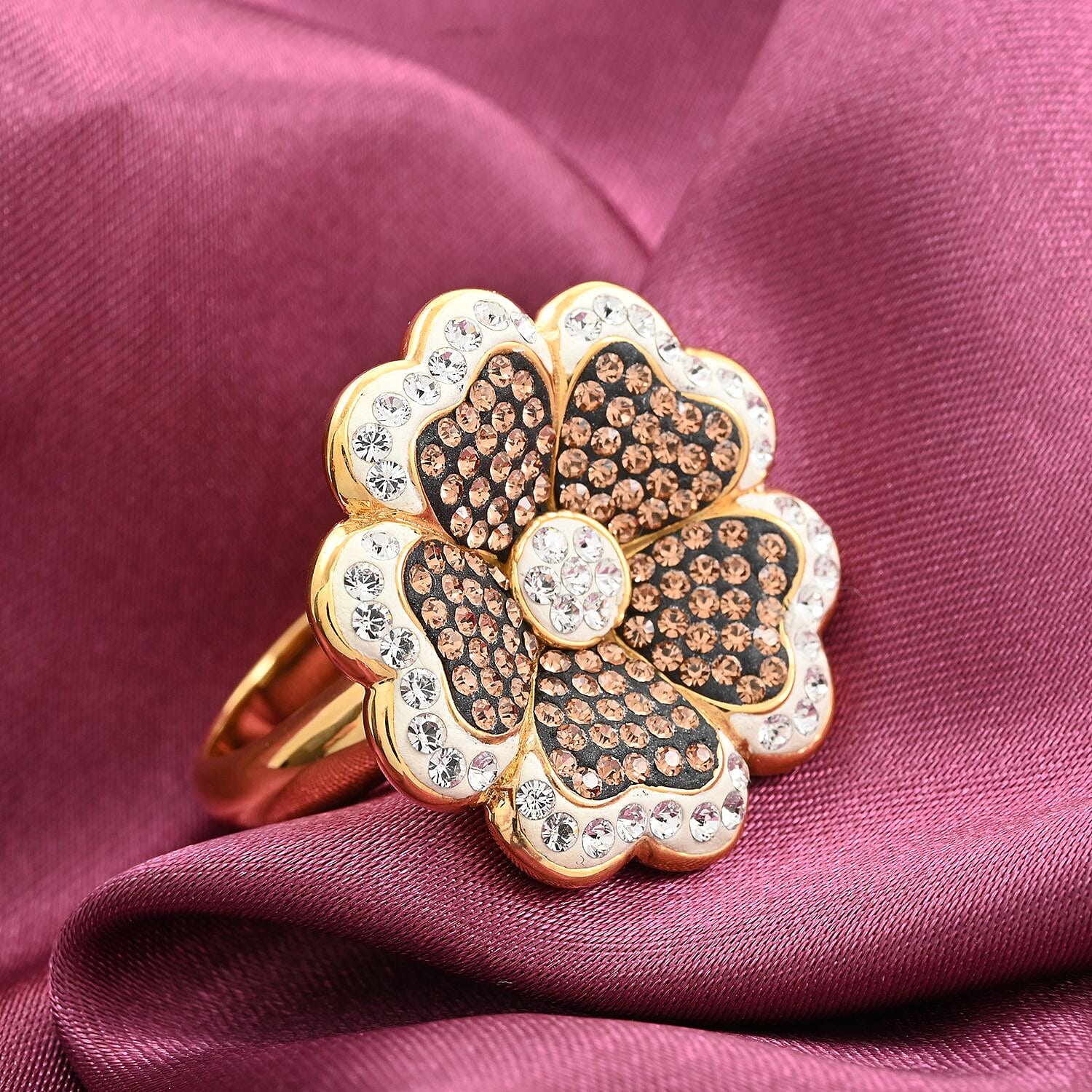 White and Champagne Color Austrian Crystal Floral Ring in Goldtone (Size 7.0)