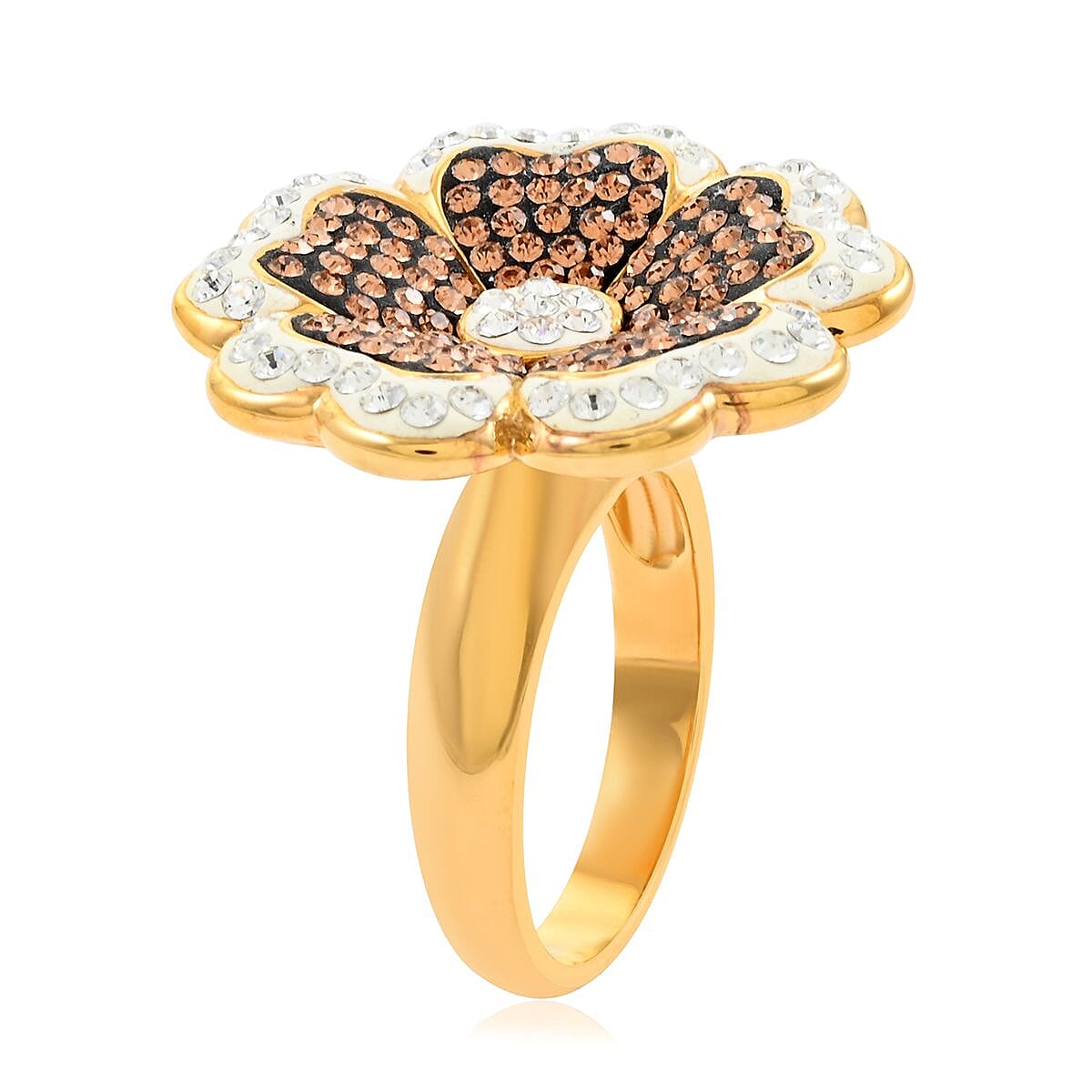 White and Champagne Color Austrian Crystal Floral Ring in Goldtone (Size 7.0)