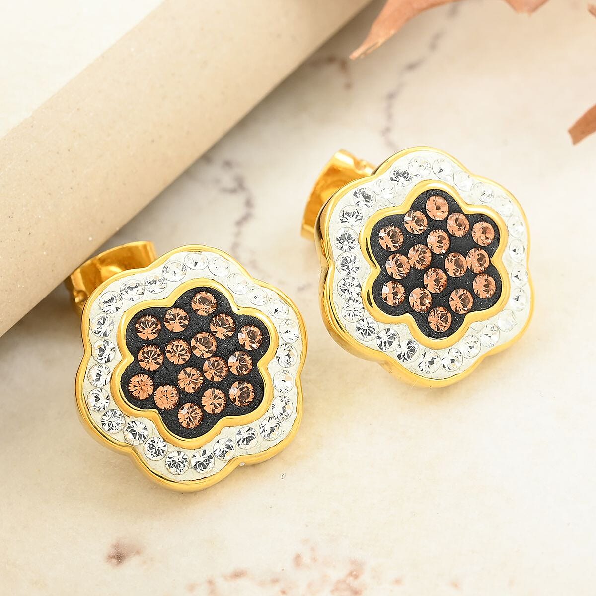 White and Champagne Color Austrian Crystal Earrings in Goldtone