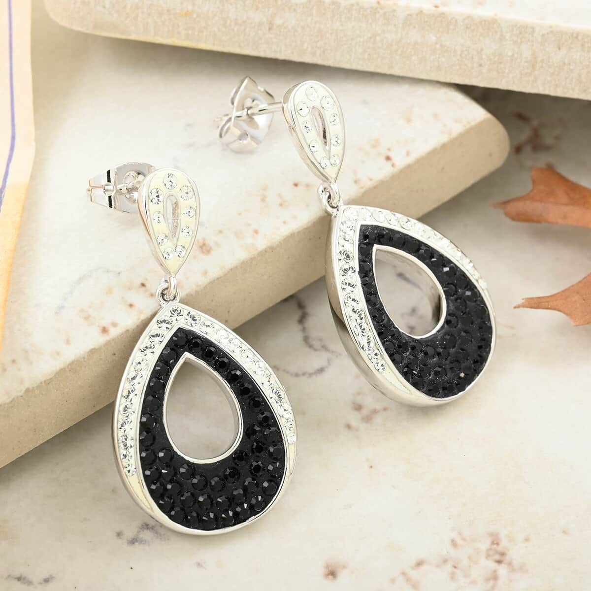 White and Black Color Austrian Crystal Earrings in Silvertone image number 1