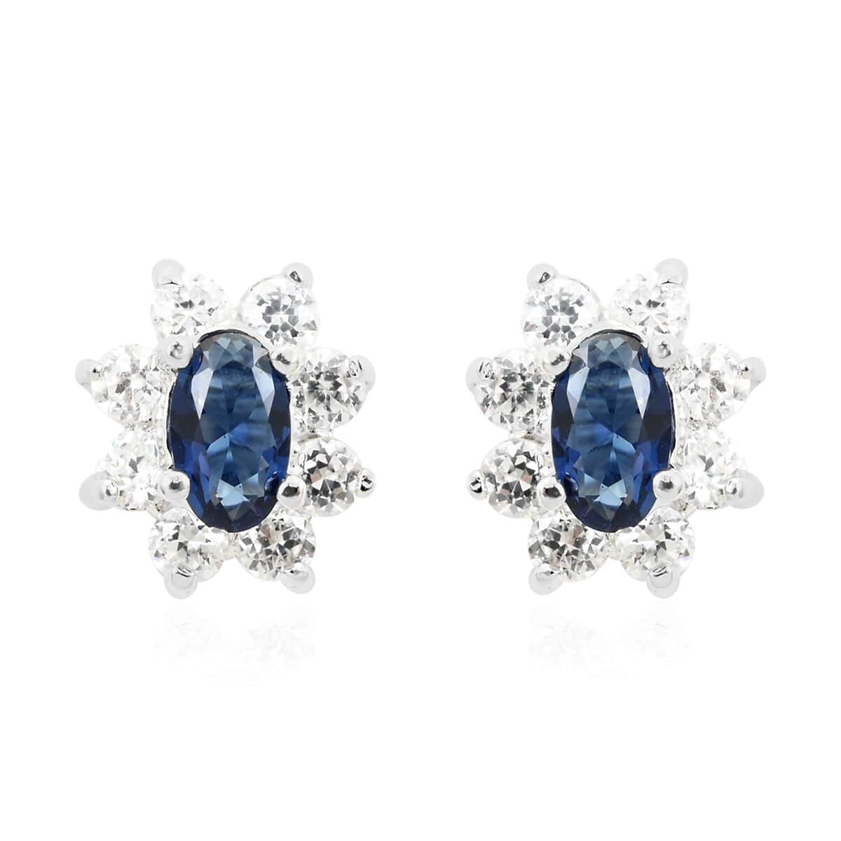 Simulated Blue and White Color Diamond Earrings in Silvertone image number 0