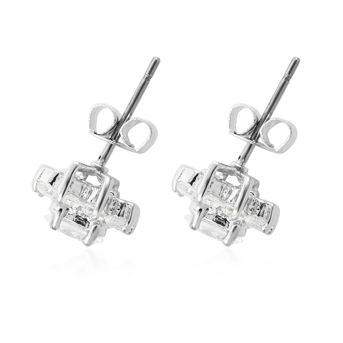 Simulated Diamond Halo Stud Earrings in Silvertone image number 3