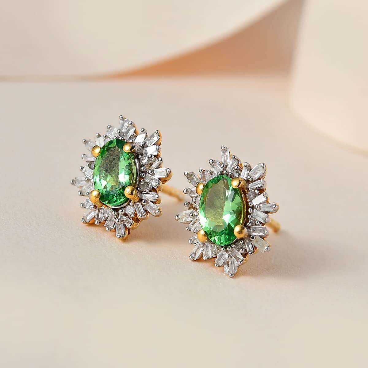 Tsavorite Garnet and Diamond Snowflake Stud Earrings in Vermeil Yellow Gold Over Sterling Silver 1.30 ctw image number 1