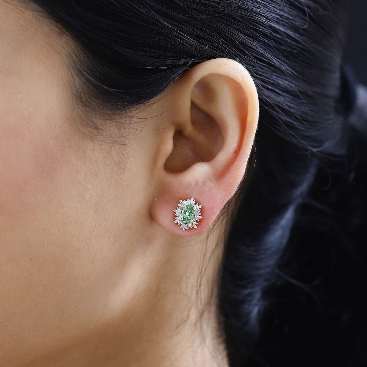 Tsavorite Garnet and Diamond Snowflake Stud Earrings in Vermeil Yellow Gold Over Sterling Silver 1.30 ctw image number 2