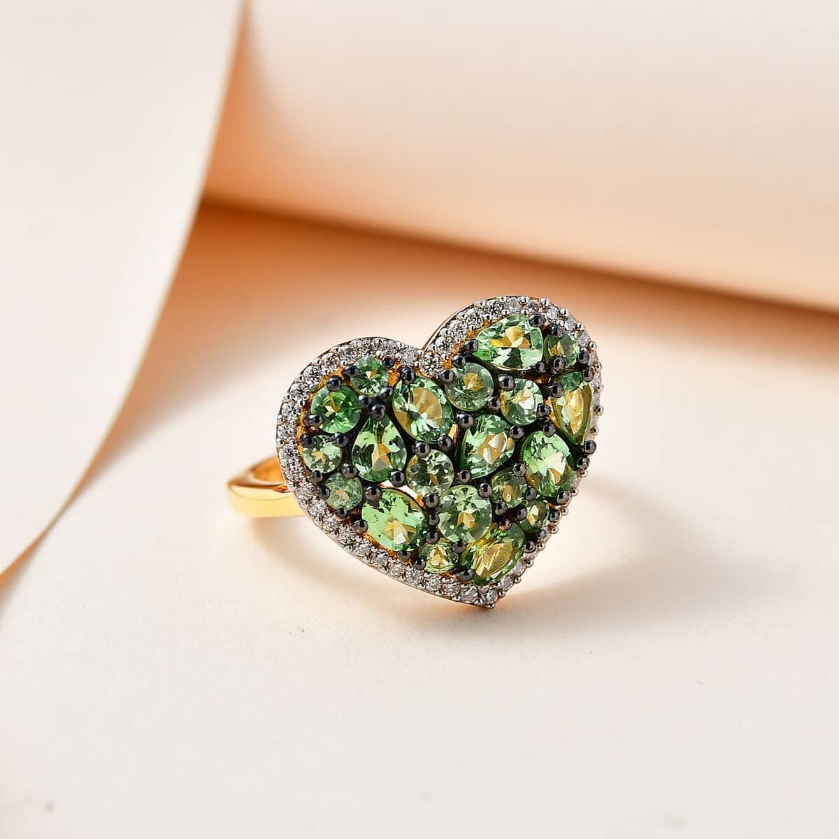 Premium Tsavorite Garnet and Moissanite Heart Ring in Vermeil Yellow Gold Over Sterling Silver (Size 10.0) 2.50 ctw image number 1