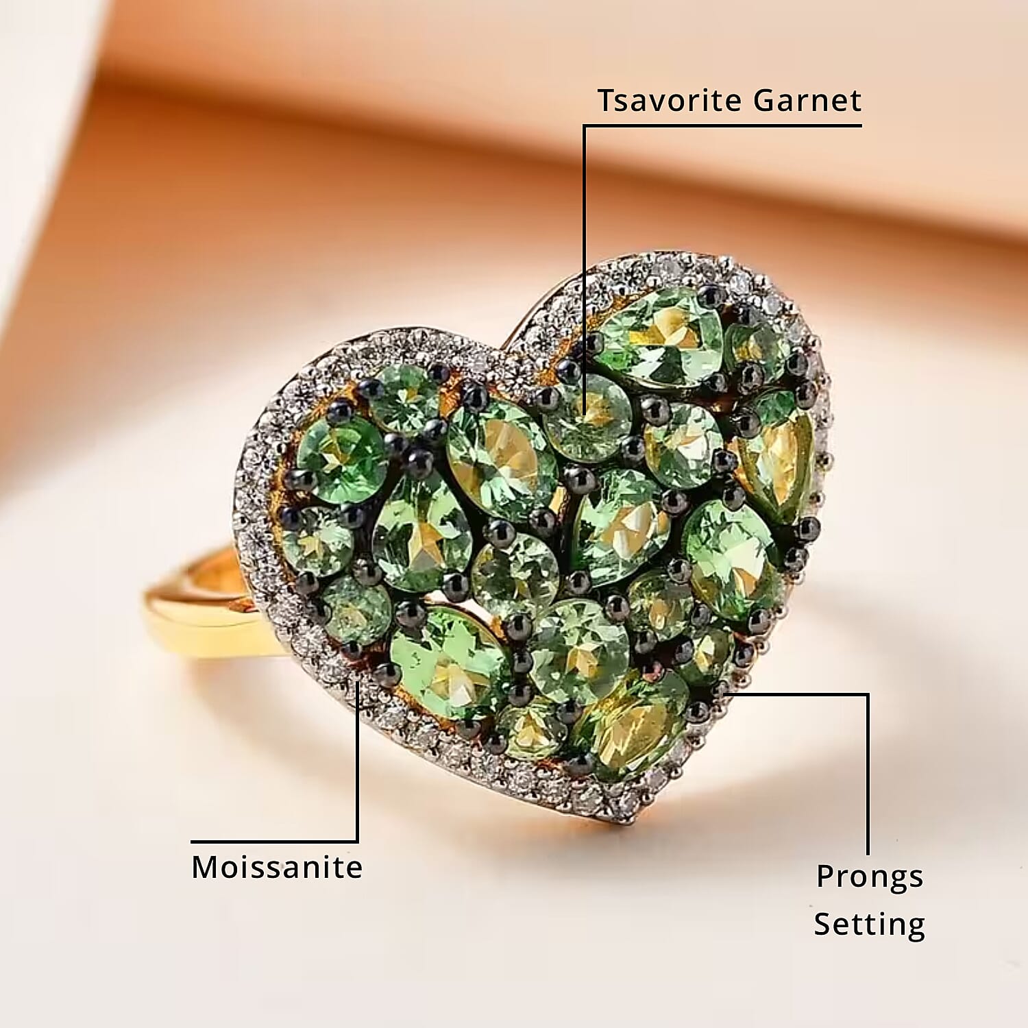 Tsavorite Garnet and Moissanite Heart Ring in Vermeil Yellow Gold Over Sterling Silver (Size 10.0) 2.50 ctw