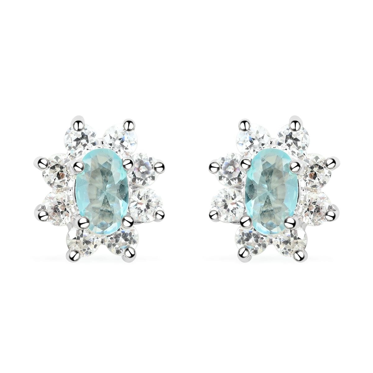 Simulated Blue and White Diamond Halo Stud Earrings in Silvertone image number 0