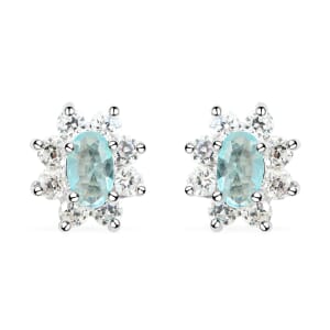 Simulated Blue and White Diamond Halo Stud Earrings in Silvertone
