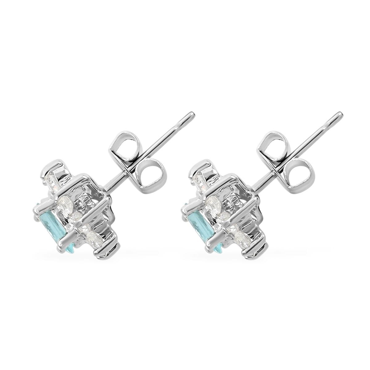 Simulated Blue and White Diamond Halo Stud Earrings in Silvertone image number 3