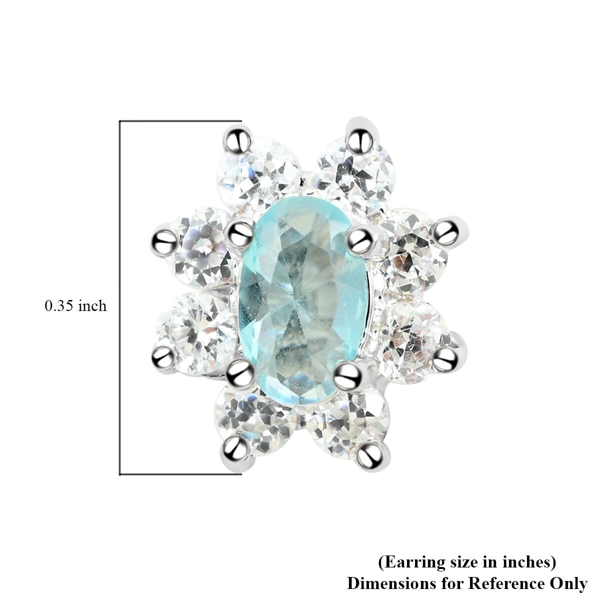 Simulated Blue and White Diamond Halo Stud Earrings in Silvertone image number 4