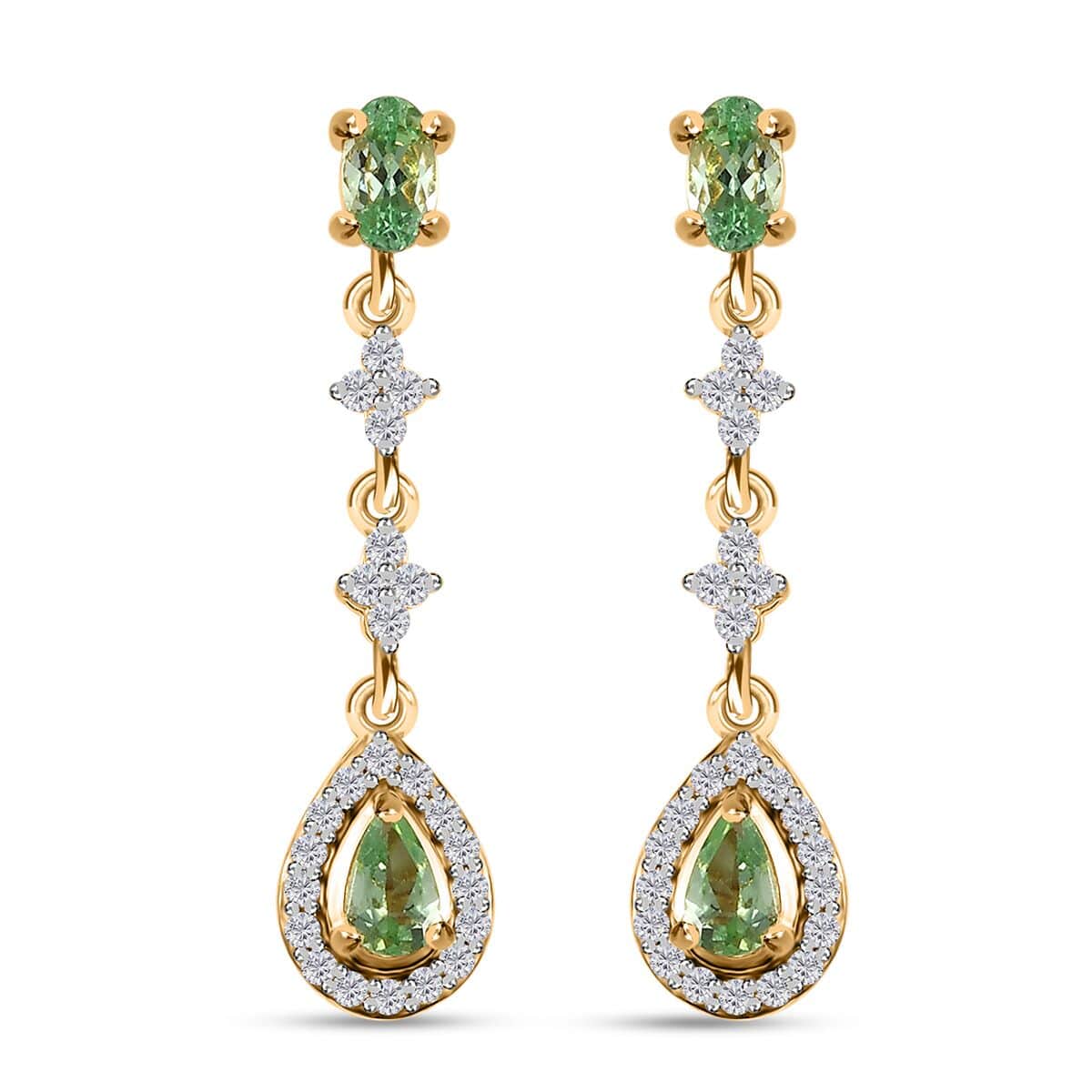 Tsavorite Garnet and White Zircon Dangling Earrings in Vermeil Yellow Gold Over Sterling Silver 1.50 ctw image number 0