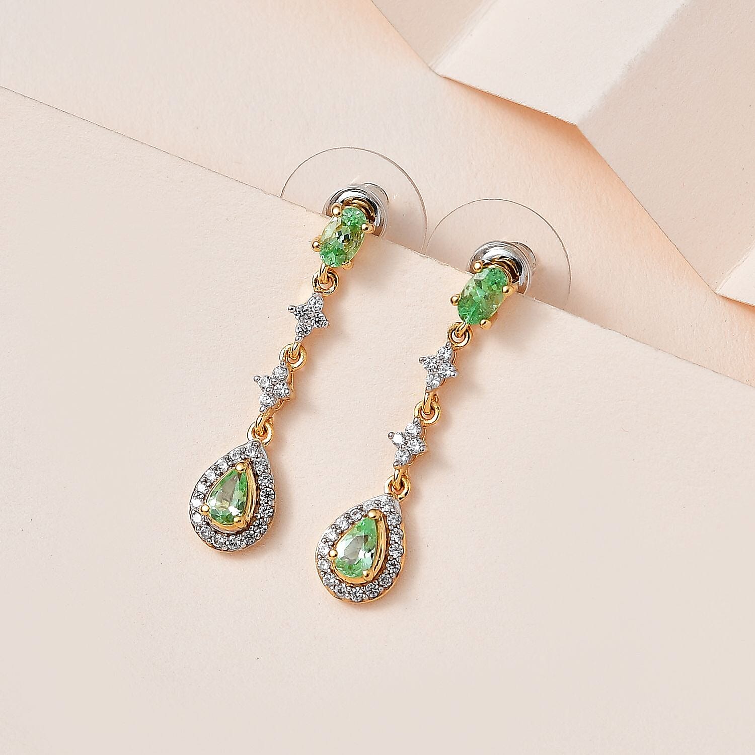 Tsavorite Garnet and White Zircon Dangling Earrings in Vermeil Yellow Gold Over Sterling Silver 1.50 ctw