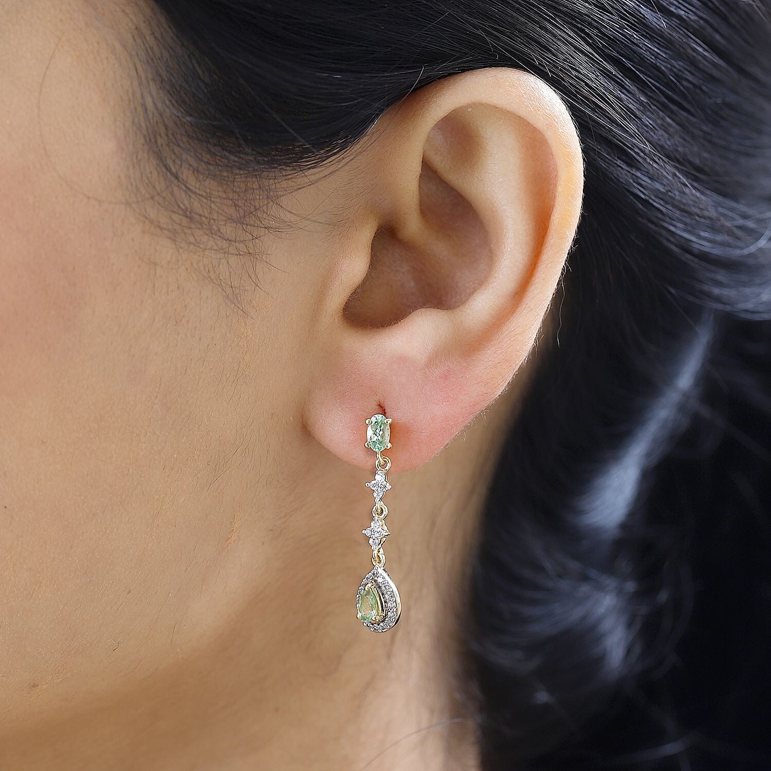 Tsavorite Garnet and White Zircon Dangling Earrings in Vermeil Yellow Gold Over Sterling Silver 1.50 ctw