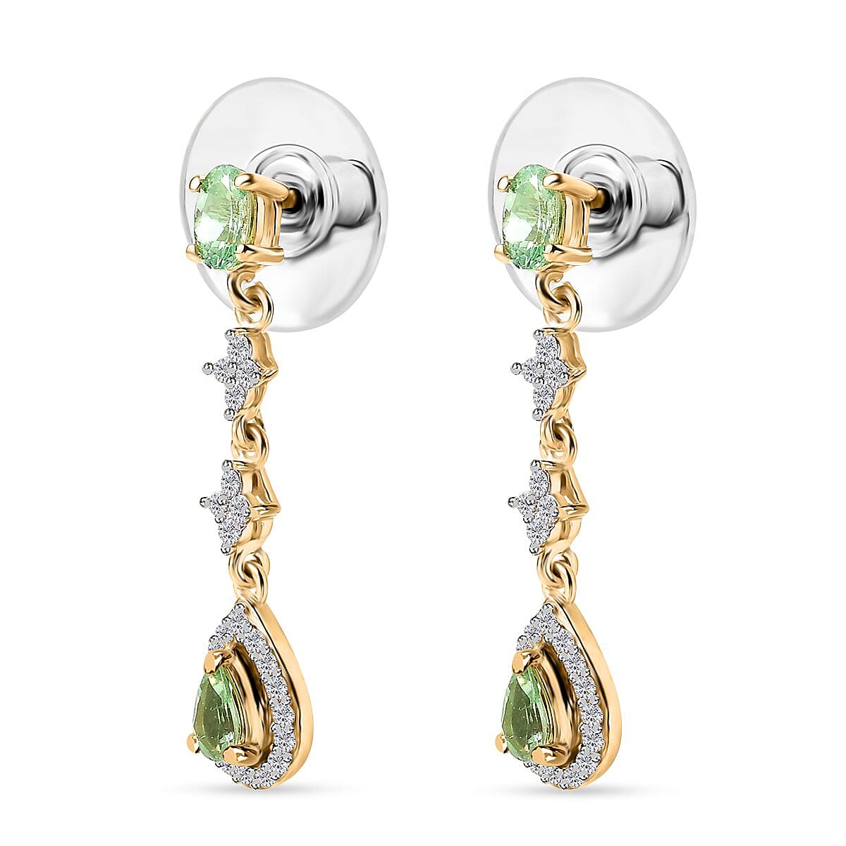 Tsavorite Garnet and White Zircon Dangling Earrings in Vermeil Yellow Gold Over Sterling Silver 1.50 ctw