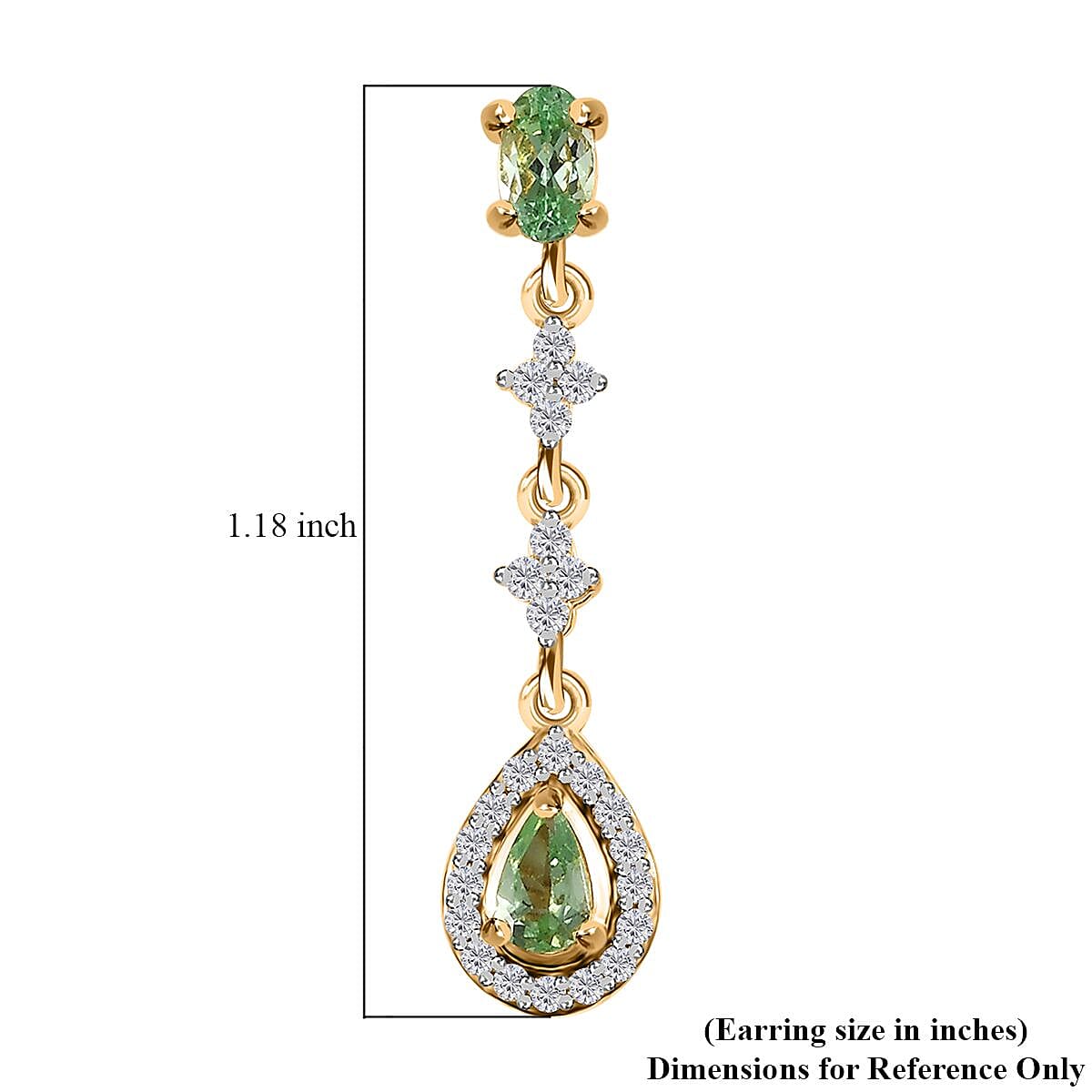 Tsavorite Garnet and White Zircon Dangling Earrings in Vermeil Yellow Gold Over Sterling Silver 1.50 ctw