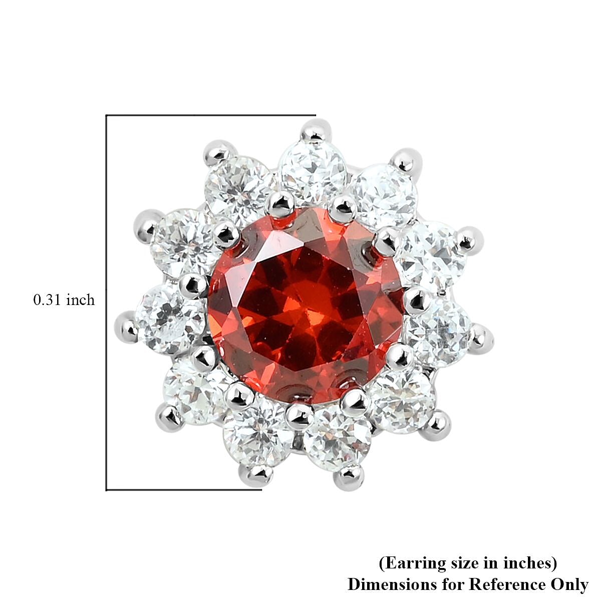 Simulated Red and White Diamond Halo Stud Earrings in Silvertone
