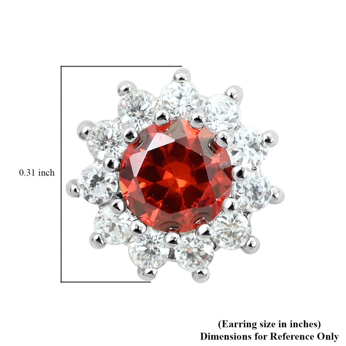 Simulated Red and White Diamond Halo Stud Earrings in Silvertone image number 4