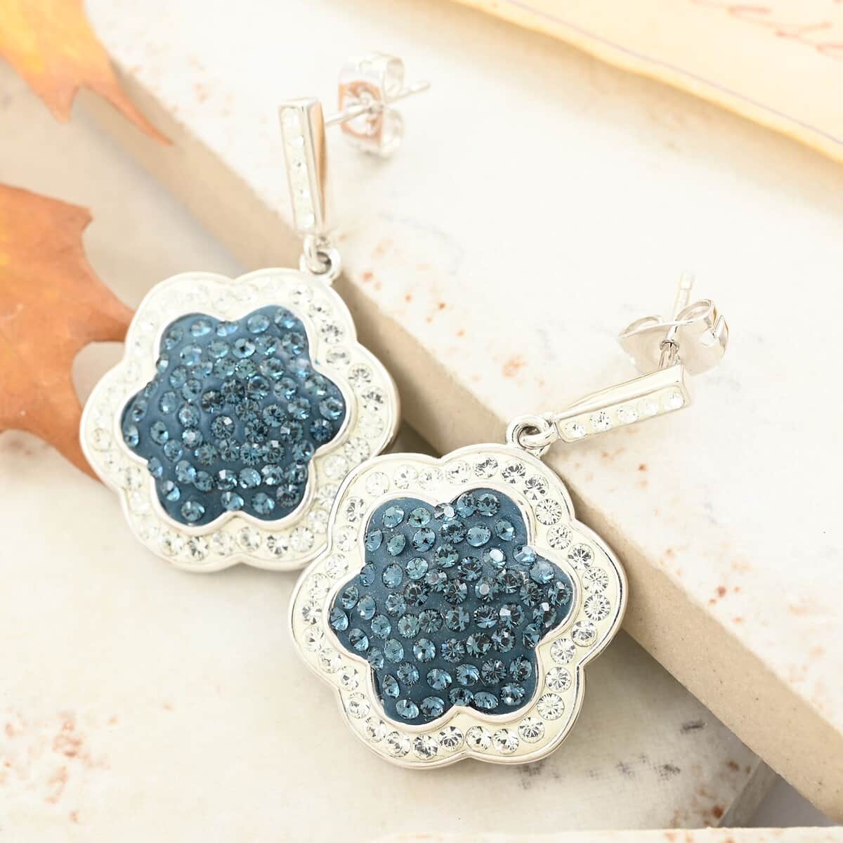Blue and White Austrian Crystal Earrings in Silvertone image number 1