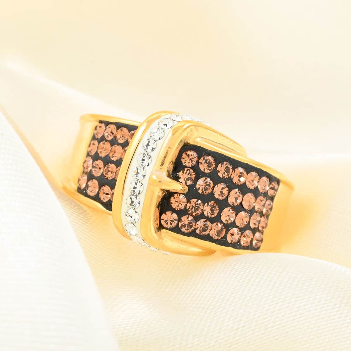 Champagne and White Austrian Crystal Buckle Ring in 14K Gold Over (Size 7.0) image number 1