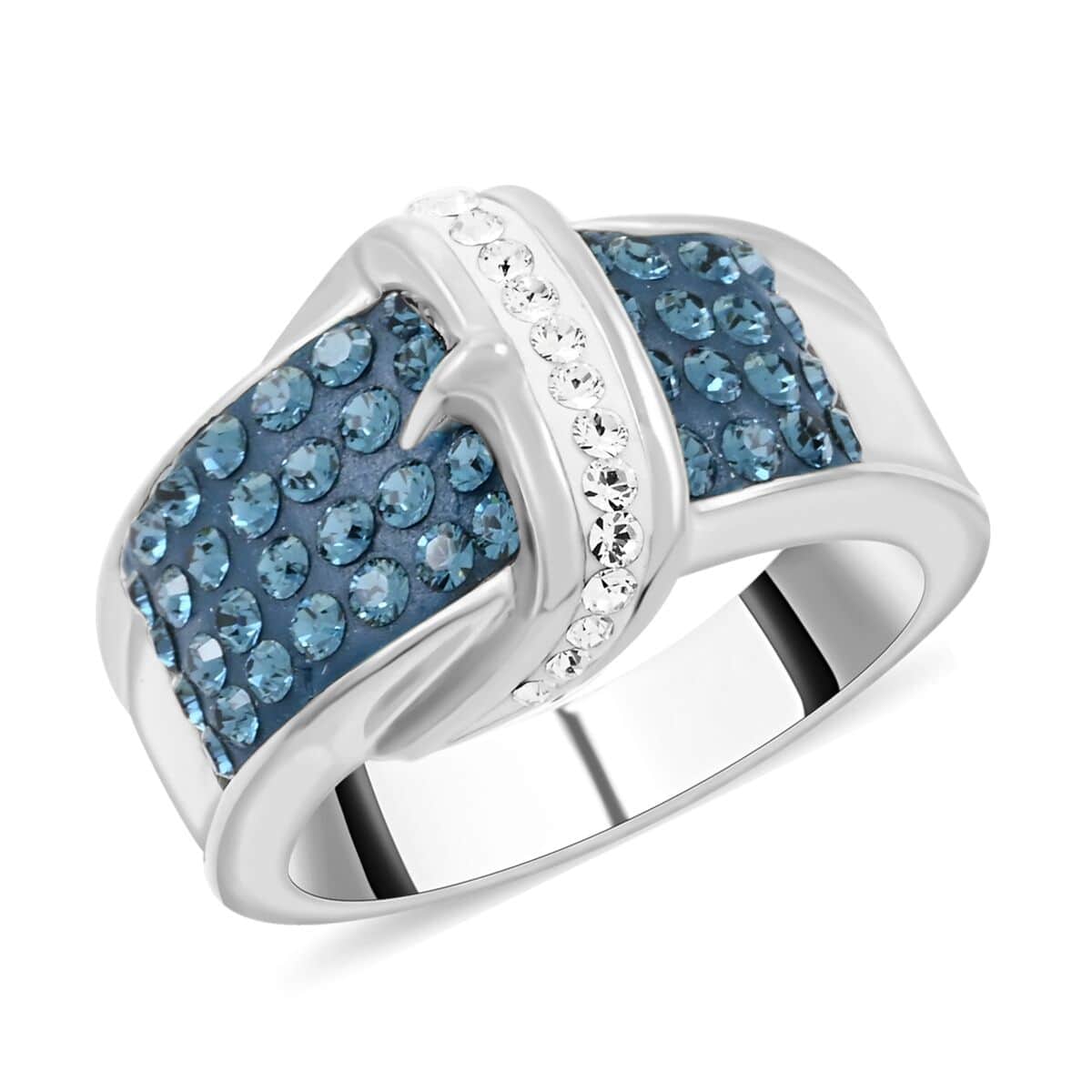 Blue and White Austrian Crystal Buckle Ring in Silvertone (Size 7.0) image number 0