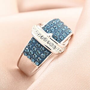 Blue and White Austrian Crystal Buckle Ring in Silvertone (Size 7.0)