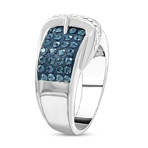 Blue and White Austrian Crystal Buckle Ring in Silvertone (Size 7.0)