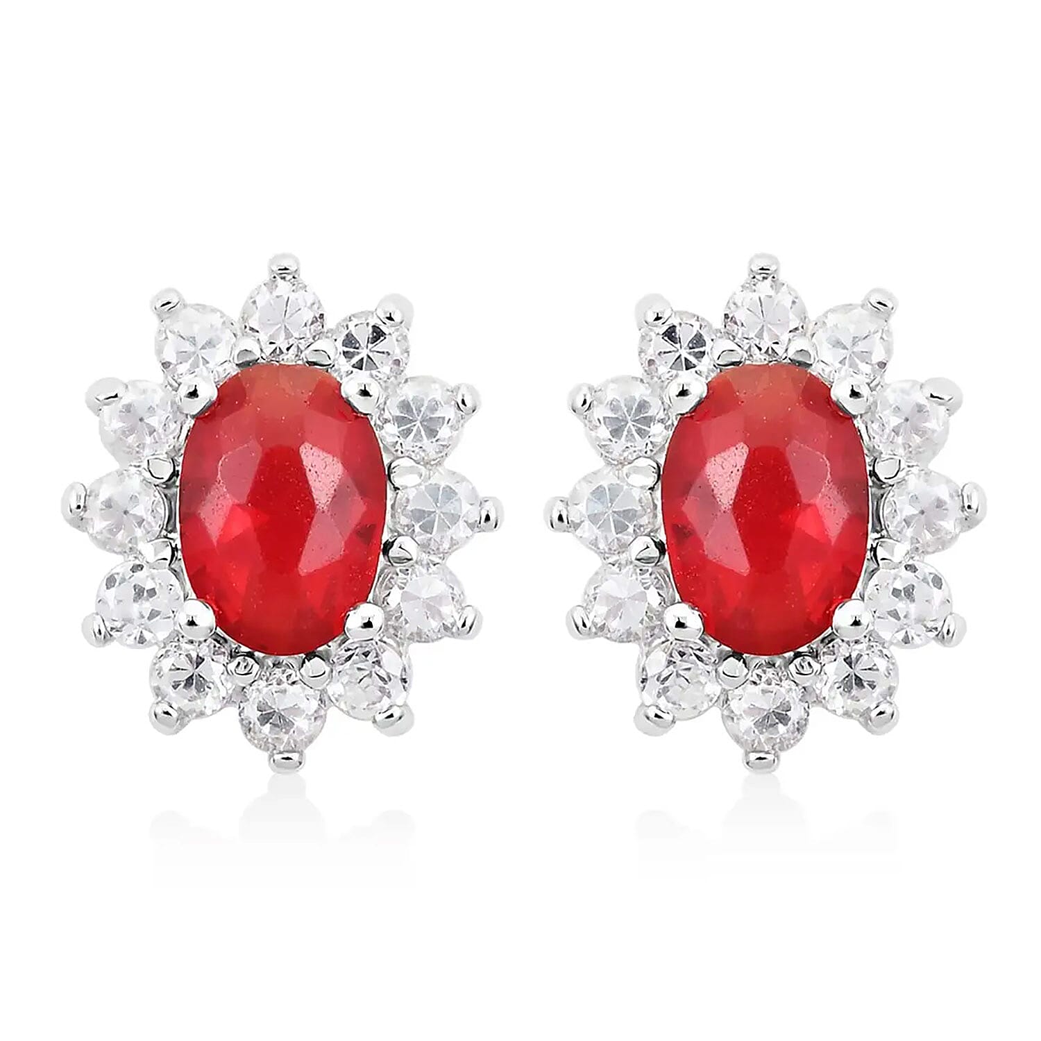 Simulated Red and White Diamond Halo Stud Earrings in Silvertone