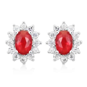 Simulated Red and White Diamond Halo Stud Earrings in Silvertone