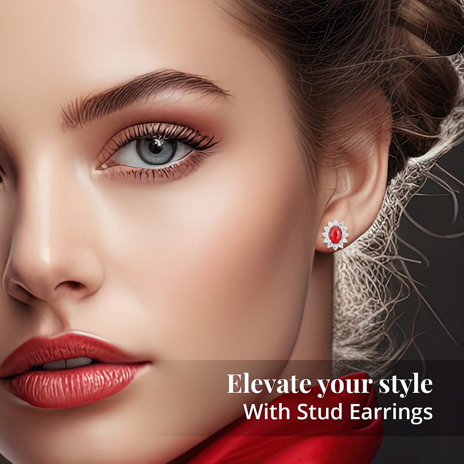 Simulated Red and White Diamond Halo Stud Earrings in Silvertone