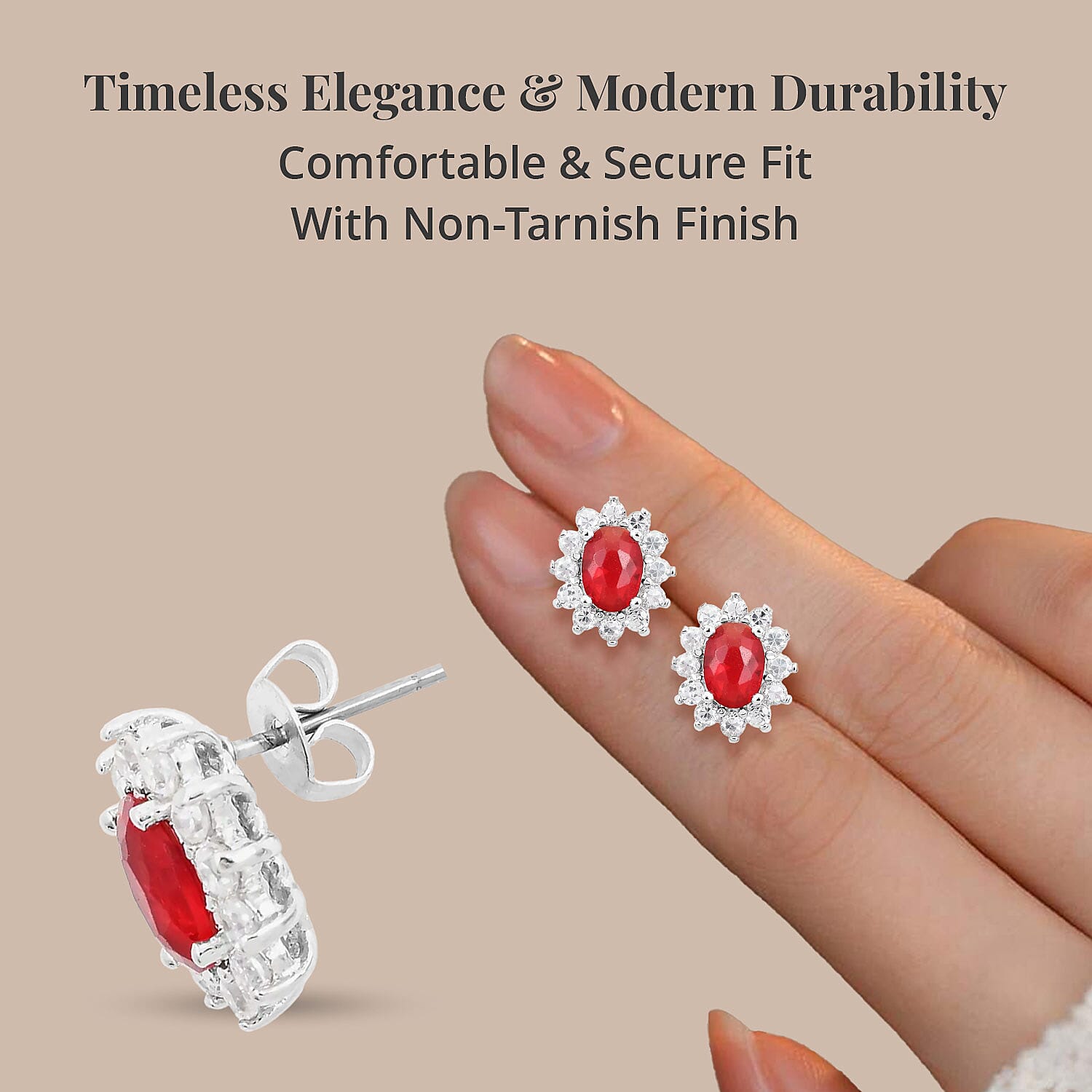 Simulated Red and White Diamond Halo Stud Earrings in Silvertone