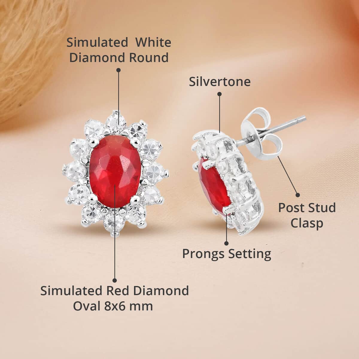 Simulated Red and White Diamond Halo Stud Earrings in Silvertone image number 4