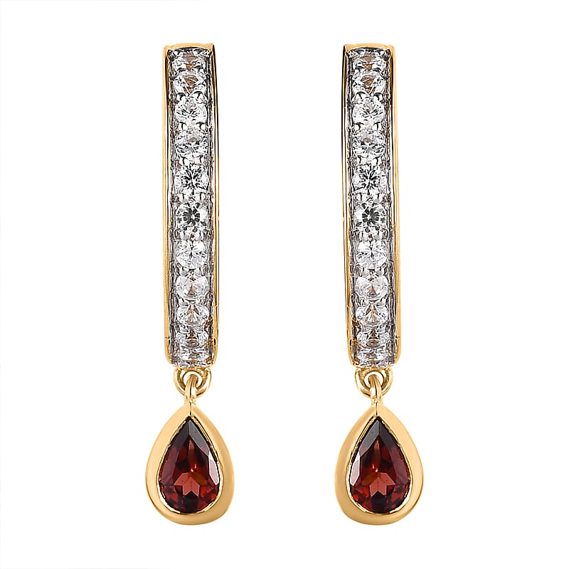 Premium Mozambique Garnet and White Zircon 2.10 ctw J Hoop Earrings in 18K Vermeil Yellow Gold Over Sterling Silver