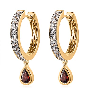 Premium Mozambique Garnet and White Zircon 2.10 ctw J Hoop Earrings in 18K Vermeil Yellow Gold Over Sterling Silver