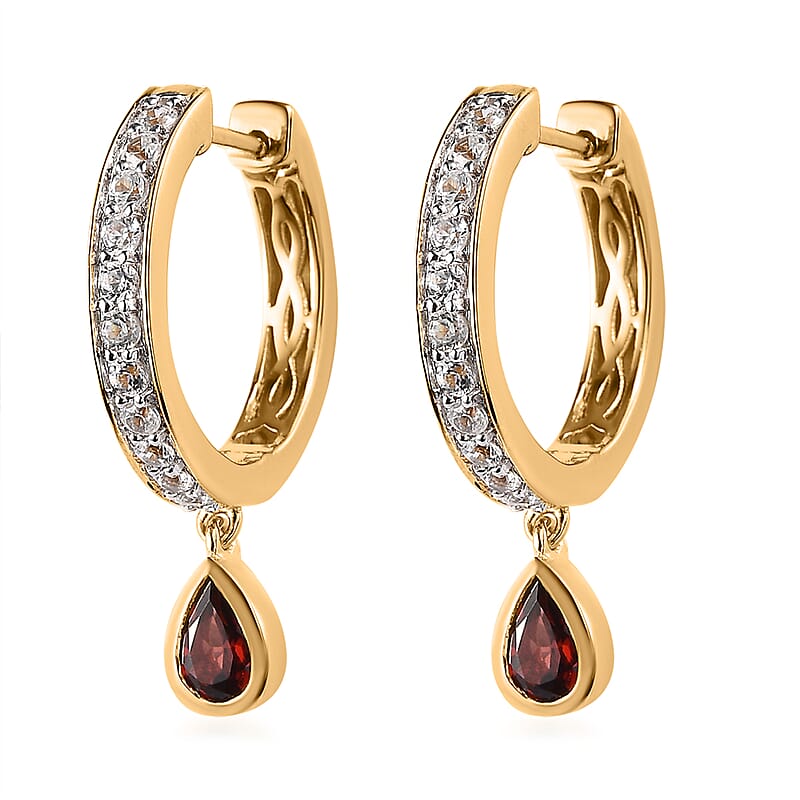 Premium Mozambique Garnet and White Zircon 2.10 ctw J Hoop Earrings in 18K Vermeil Yellow Gold Over Sterling Silver